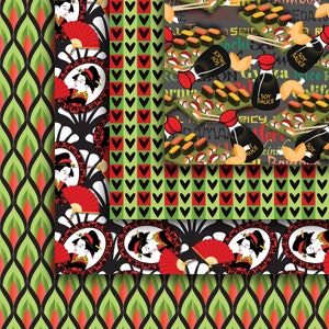 May include: A digital collage of four different patterns. The top left pattern is a green and red geometric pattern. The top right pattern is a black and white pattern with a geisha girl and a fan. The bottom left pattern is a green and red pattern with hearts. The bottom right pattern is a black and white pattern with sushi, soy sauce bottles, and chopsticks. The text in the image reads "Soy Sauce, Spicy, Mochi, Gyza, Rice, Ramen, and  Rint".