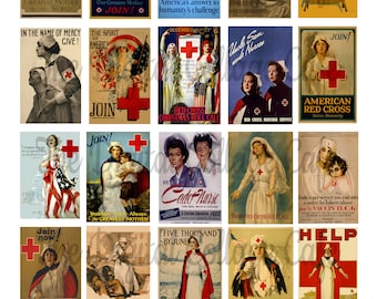 Könnte beinhalten: Eine Collage aus Vintage-Plakaten mit roten Kreuzen und Krankenschwestern. Die Poster werben für das Rote Kreuz und ermutigen die Menschen, der Organisation beizutreten. Einige der Poster zeigen Slogans wie "Jetzt beitreten!" und "Die größte Mutter."