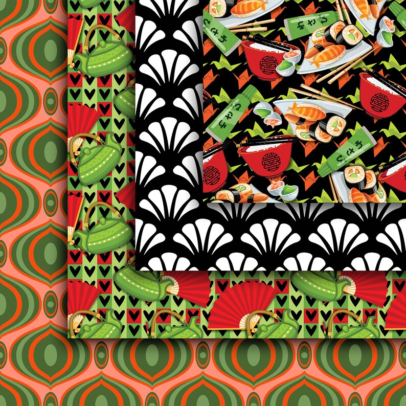 May include: Four different patterned fabric swatches. The top swatch is black and white with a fan-shaped pattern. The second swatch is green and red with a checkered pattern. The third swatch is green and red with a checkered pattern and a teapot design. The bottom swatch is green and orange with a curved pattern.