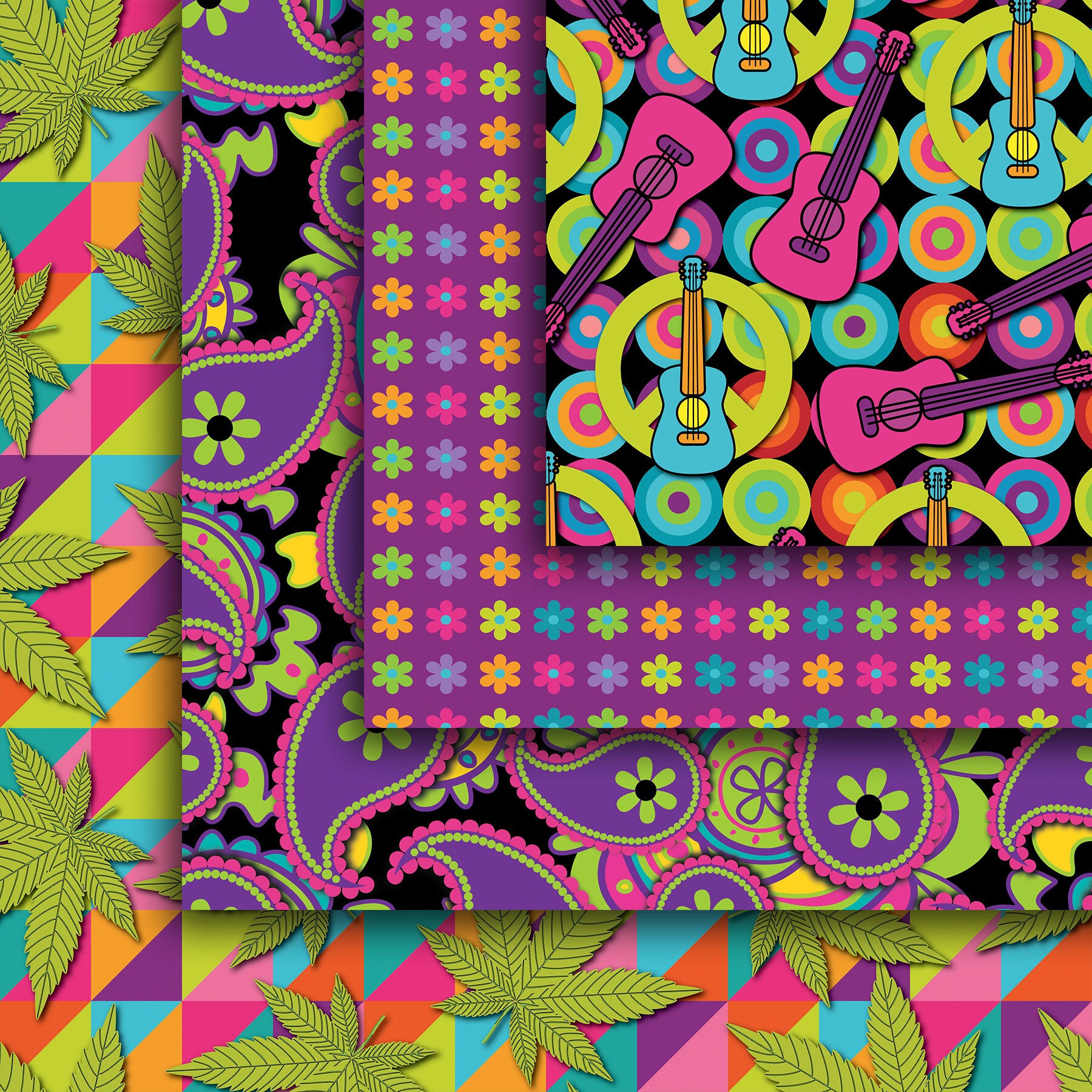Hippie Seamless Digital Paper Pack, Flower Power Digital Paper, Peace ...