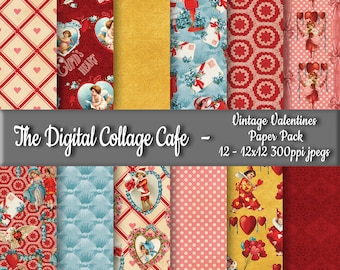 May include: A digital paper pack containing 12 vintage Valentine's Day themed designs. The designs feature red, blue, yellow, and white colours with hearts, angels, and other romantic imagery. The paper pack is 12x12 inches and 300ppi.
