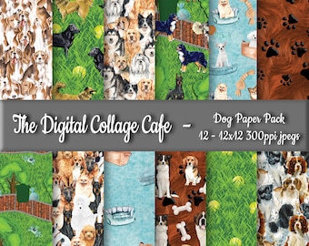 May include: A digital paper pack featuring 12 different dog-themed patterns. The patterns include dogs of various breeds, dog bones, dog toys, and paw prints. The paper pack is 12x12 inches and 300ppi.