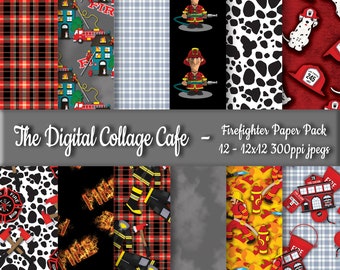 Firefighter Seamless Digital Paper Pack, Fireman Digital Paper Pack, Firefighter Scrapbook Paper - DPP012 - 12 - 12x12in 300ppi JPEGs