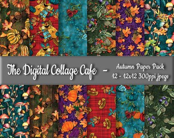 Autumn Seamless Digital Paper Pack, Fall Digital Paper Pattern, Mushroom Scrapbook Paper, Pumpkin Paper Pack - DPP111 -12-12x12in 300ppiJPEG