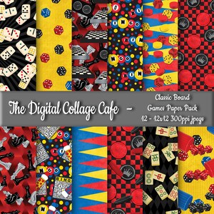 Könnte beinhalten: Eine Sammlung digitaler Papiermuster mit klassischen Brettspielmotiven. Designs umfassen Dominosteine, Würfel, Schach, Bingo, Dame und Mahjong. Der Text lautet "The Digital Collage Cafe - Classic Board Games Paper Pack 12 - 12x12 300ppi jpegs."