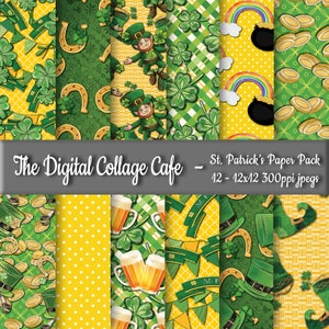 May include: A digital paper pack with 12 different St. Patrick's Day themed patterns. The patterns feature shamrocks, gold coins, leprechauns, beer mugs, horseshoes, rainbows, and plaid designs in green, yellow, and white.