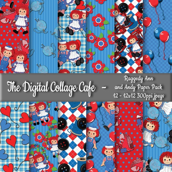 Raggedy Ann and Andy Seamless Digital Paper Pack, Rag Doll Digital Paper, Raggedy Scrapbook Paper - DPP075 - 12 - 12x12in 300ppi JPEGs