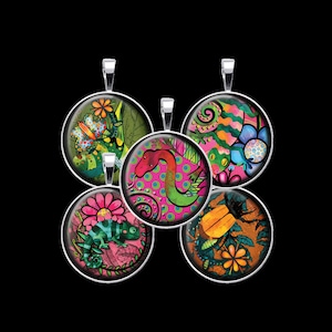 May include: Five colorful round pendants with silver chains. Each pendant features a different animal design, including a butterfly, a snake, a lizard, a beetle, and a chameleon. The pendants are all set against a green, pink, and orange background.