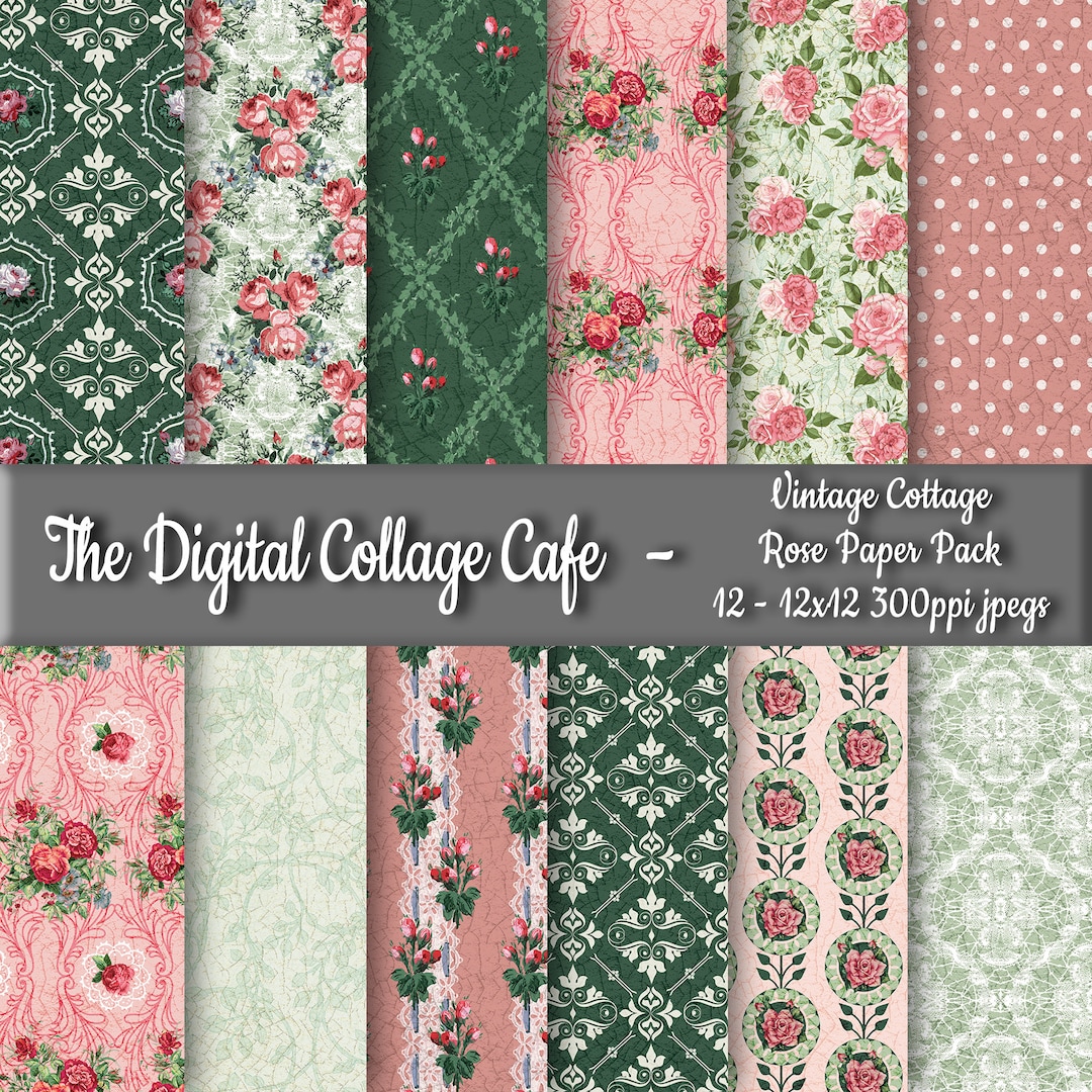 Vintage Cottage Rose Seamless Digital Paper Pack, Rose Digital Pattern ...