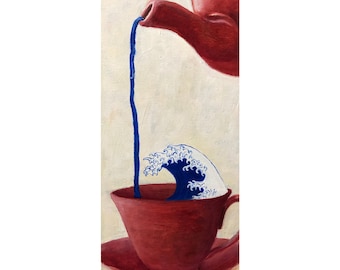 TEMPEST TEA - Red teapot pouring a tempest into a teacup.  Surreal