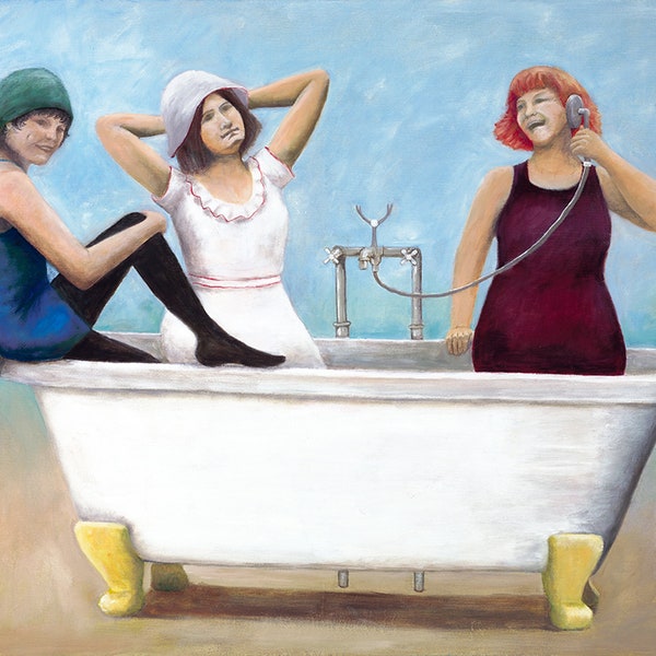 BATHING BEAUTIES-3 ladies of leisure in old fashioned swimsuits in an old fashioned bathtub-
