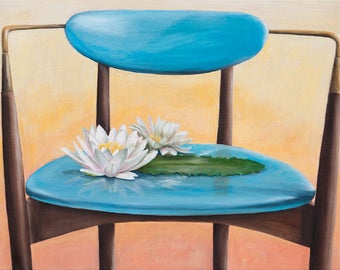 PORTRAIT of a WATER LILY -Mid-century modern chair with water lily on the blue seat- Surrealistic whimsy- original oil painting and prints