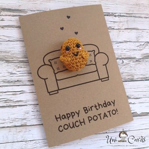 Biglietto d'auguri per Couch Potato all'uncinetto, Biglietto di compleanno Amigurumi per Couch Potato, Biglietto per giochi di parole divertenti con patate