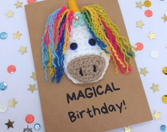 Unicorn Crochet Greeting Card, Magical Birthday