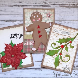 Pack de 3 cartes de Noël faites à la main, Poinsettia, Bonhomme en pain d'épice, Gui, Cartes multimédias mixtes