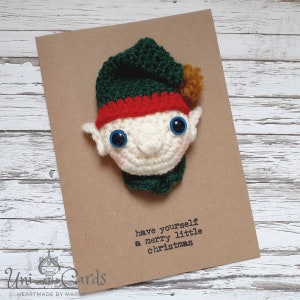 Carte au crochet elfe, carte de Noël faite main, carte de Noël elfe