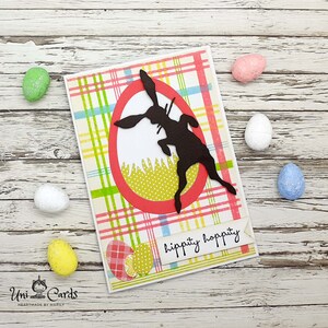 Handgemachte Osterkarte, Springender Hase, Bunte Frühlingskarte