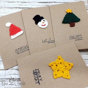 Pack de 4 Tarjetas de Navidad de Ganchillo, Papá Noel, Muñeco de Nieve, Árbol, Estrella