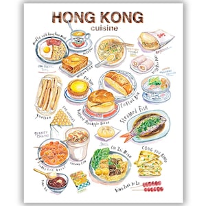 Pôster de culinária de Hong Kong, Arte de parede para impressão, Impressão de comida de rua chinesa, Cardápio de restaurante em aquarela, Decoração digital, Guia de pratos, Arte de cozinha