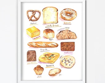 Bread types poster, Printable wall decor, Kitchen print, Watercolor 12"X16" food art, Bakery guide instant download, Wall art for a bakery