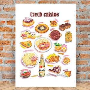 Poster di cucina ceca, Decorazione murale da cucina stampabile, Menu della cucina di Praga, Stampa di ristoranti ad acquerello, Grafico digitale, Grande arte dell'Europa orientale