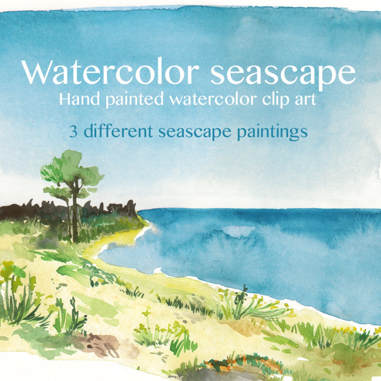 Seascape watercolor clip art Printable seascape paintings 3 | Etsy