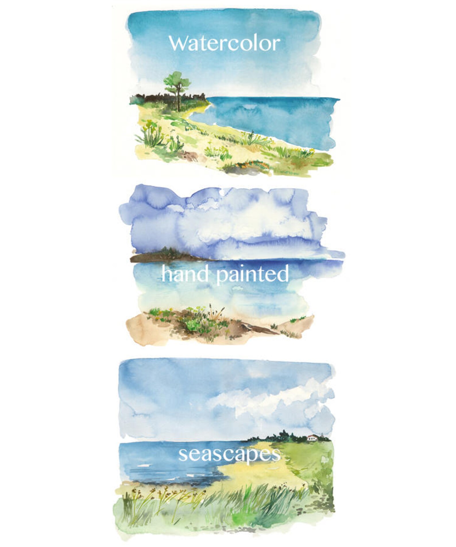 Seascape Watercolor Clip Art, Printable Seascape Paintings, 3 Seascapes, Beach Illustration, Sea ...