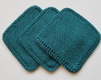 Blue Teal Cotton Knit Knitted Dishcloth Washcloth Rag, Grandmas Favorite , Set of 3