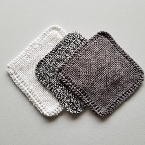 Cotton Dishcloths, Set of 3, 100% Cotton, Washcloth, Rag, Grandma&#39;s Favorite, Handmade, Knitted, Knit, Reusable, Speckled, White, Gray