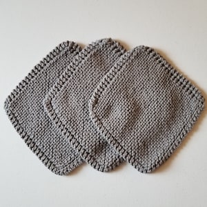 Cotton Dishcloths, Set of 3, 100% Cotton, Washcloth, Rag, Grandma&#39;s Favorite, Handmade, Knitted, Knit, Reusable, Kitchen Essentials, Gray