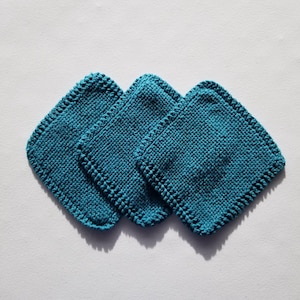 Hand Knit Cotton Dishcloths/Washcloths - Set of 3 - Reusable Face Cloths - Teal Blue image 1