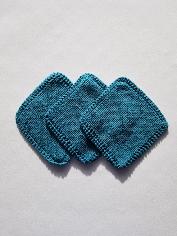 Hand Knit Cotton Dishcloths/Washcloths - Set of 3 - Reusable Face Cloths - Teal Blue