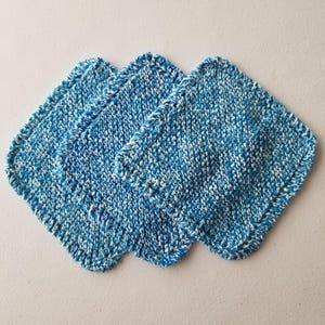 Handmade Knitted Cotton Dishcloths, Blue Speckled, Set of 3