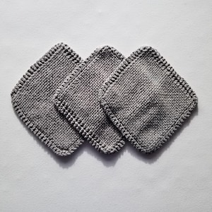 Cotton Dishcloths, Set of 3, 100% Cotton, Washcloth, Rag, Grandma's Favorite, Handmade, Knitted, Knit, Reusable, Kitchen Essentials, Gray