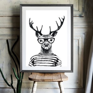 Hipster Deer, Canvas Art Print, Paper Print, Animal Art, Vintage Illustration, Black and White, Monochrome, Large Poster image 5