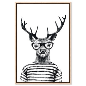 Hipster Deer, Canvas Art Print, Paper Print, Animal Art, Vintage Illustration, Black and White, Monochrome, Large Poster image 2