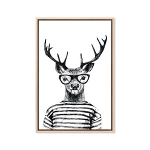 Hipster Deer, Canvas Art Print, Paper Print, Animal Art, Vintage Illustration, Black and White, Monochrome, Large Poster image 1