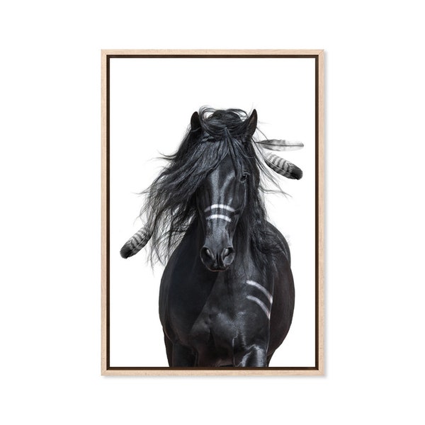 Native American Horse Warrior, Canvas Art Print, Paper Print, Black White Art, Horse Print, Animal Art, Black Horse, Feather, Indian