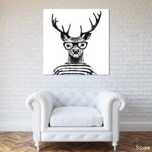 Hipster Deer, Canvas Art Print, Paper Print, Animal Art, Vintage Illustration, Black and White, Monochrome, Large Poster image 8