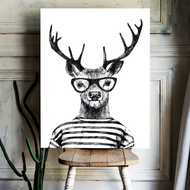 Hipster Deer, Canvas Art Print, Paper Print, Animal Art, Vintage Illustration, Black and White, Monochrome, Large Poster image 3