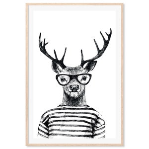 Hipster Deer, Canvas Art Print, Paper Print, Animal Art, Vintage Illustration, Black and White, Monochrome, Large Poster image 4