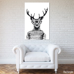 Hipster Deer, Canvas Art Print, Paper Print, Animal Art, Vintage Illustration, Black and White, Monochrome, Large Poster image 7