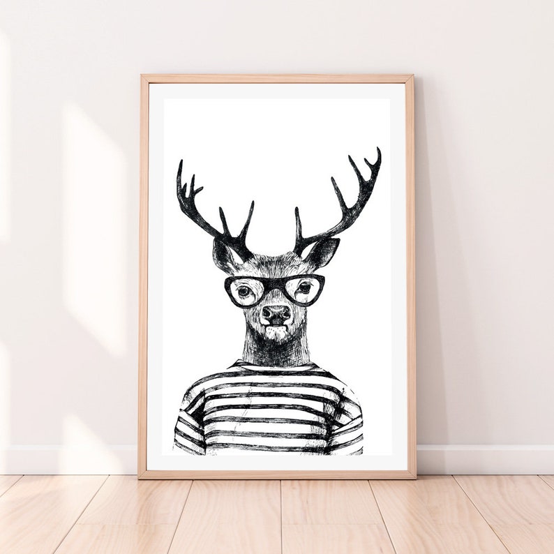 Hipster Deer, Canvas Art Print, Paper Print, Animal Art, Vintage Illustration, Black and White, Monochrome, Large Poster image 9