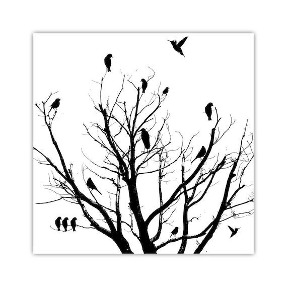 Bird Print Tree Black and White Art Monochrome Decor | Etsy