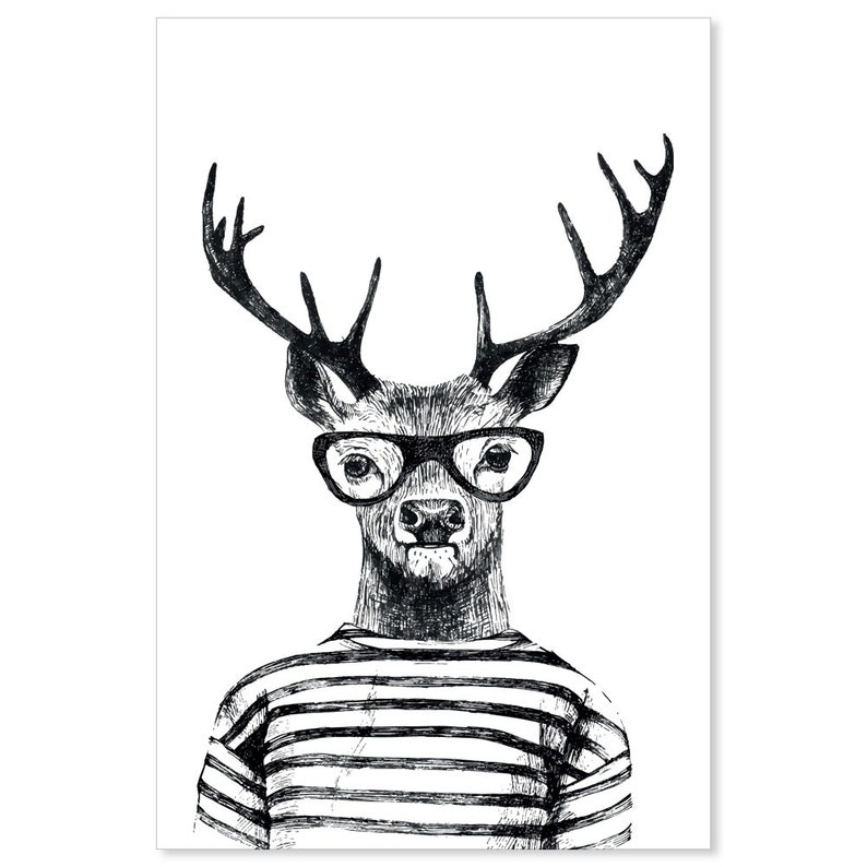 Hipster Deer, Canvas Art Print, Paper Print, Animal Art, Vintage Illustration, Black and White, Monochrome, Large Poster image 6