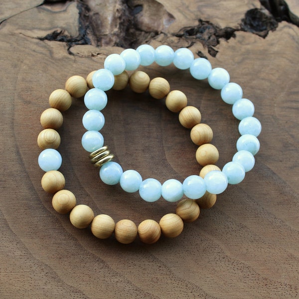 Aquamarine blue jade, sandalwood, brass stackable bracelets, set of two bracelets custom sizing, yoga bracelets, gifts for women, boho