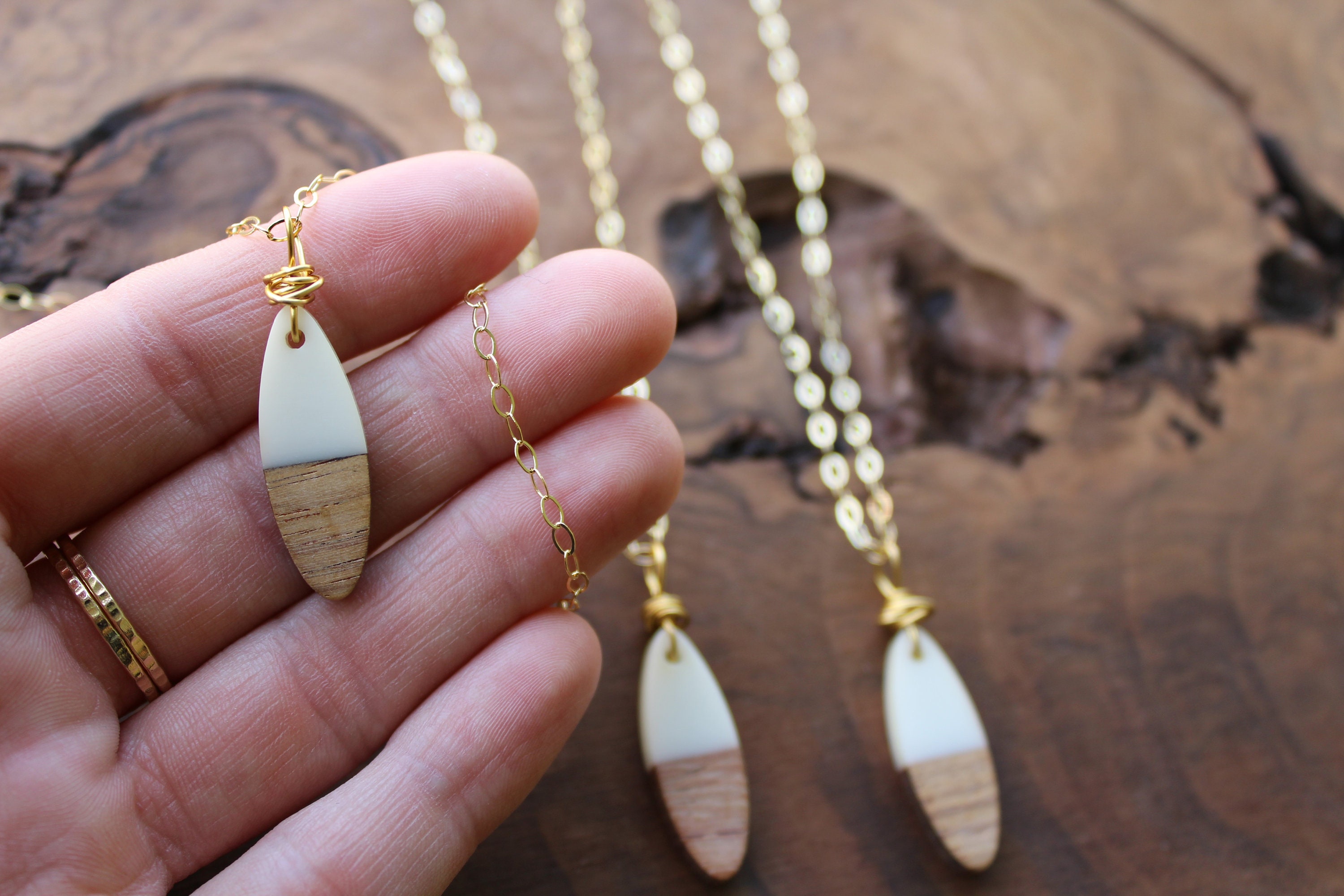 Wood necklace wood and resin gold filled jewelry two tone Etsy