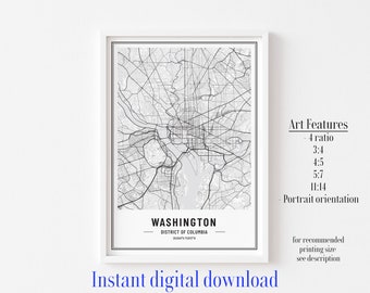 Washington DC City Extended Map Print, Washington City Poster, Map of Washington DC, DC Black And White Minimalist Map Print, Us City Maps
