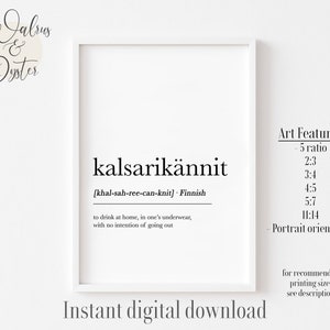 Definición de Kalsarikännit, definición nórdica, cartel finlandés, Kalsarikännit, decoración escandinava, cartel de Kalsarikännit, definición finlandesa