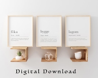 Fika Hygge Lagom Definition Prints: Nordisk väggkonstset (digital nedladdning) Julklapp